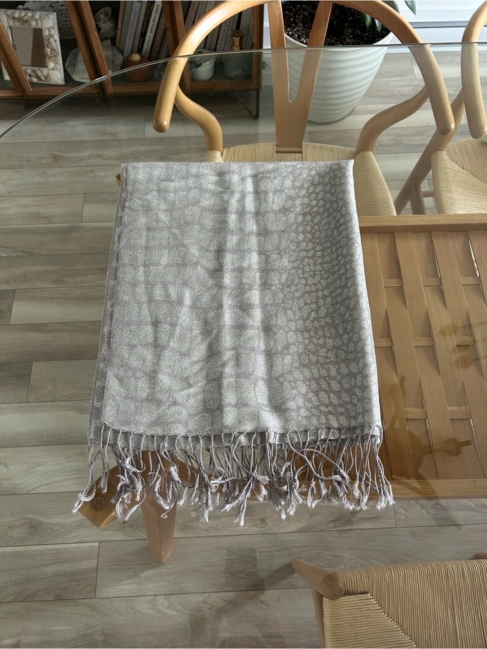 Neutral Gray Textured Fringe Blanket Scarf